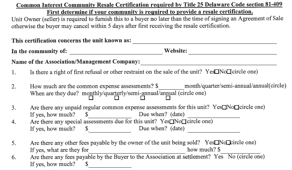 Resale for Delaware InfoHOA